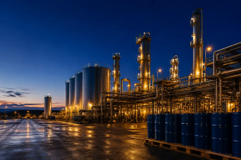 Illuminated petrochemical refinery with storage tanks at dusk