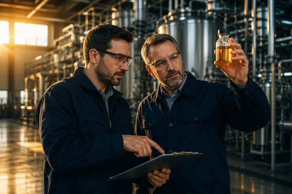 Two ProFluid team members inspecting an amber oil sample in a blending facility